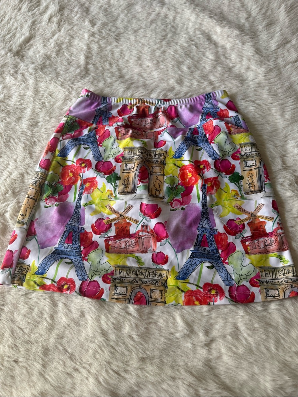 Skinz Multicolor Paris Landmark A-Line mini Skirt with Blue Eiffel Motifs